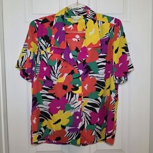 Vintage Lloyd Williams Womens Shirt Sz 12 Colorful Floral Short Sleeve Button Up